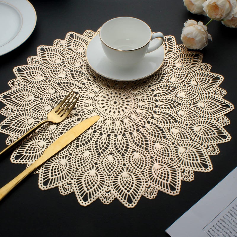 Mabbcoo Gold Round Placemats  Hollow Out Washable and Wipeable Place Mats  Pressed Vinyl Table Mats Set of 6 for Anniversary Dinner Kitchen Decorations - Image 2